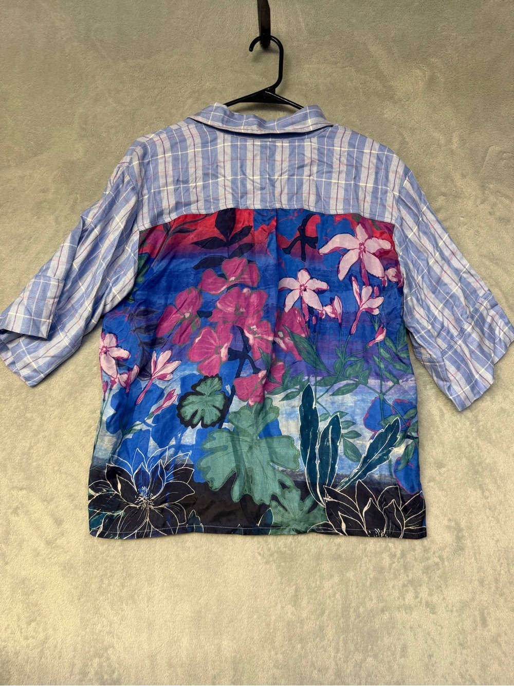 New Johnny Was Short Womens Small Floral Light Blue Plaid Button-Front Blouse